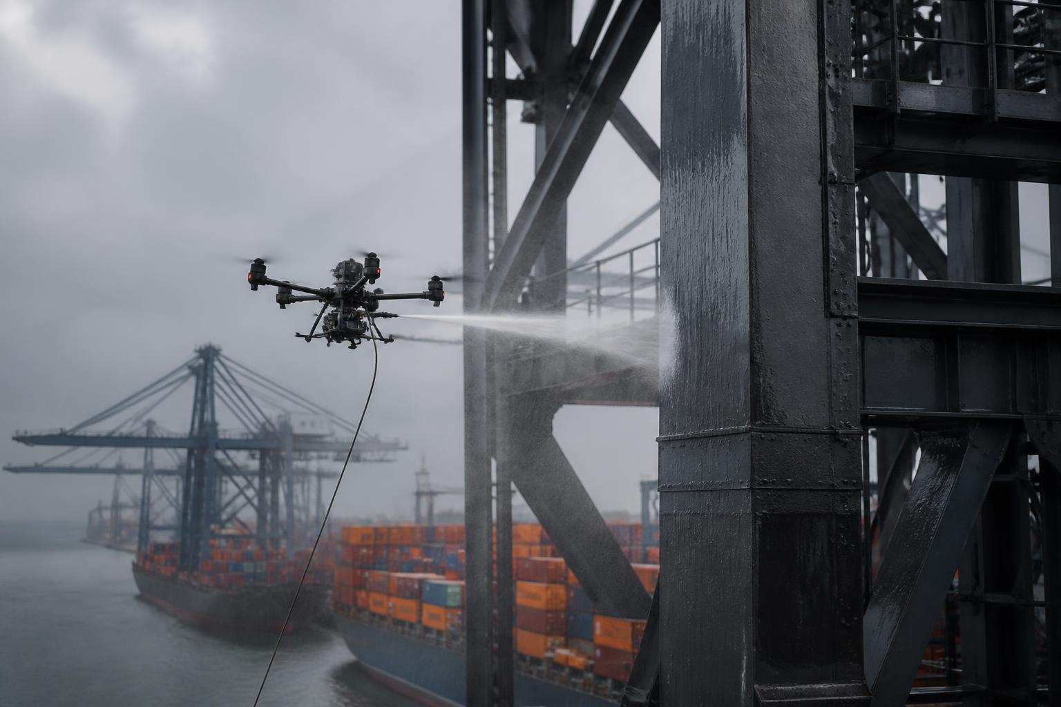 Drone cleaning a steel crane structure at a commercial port